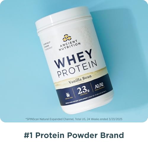 Envase Ancient Nutrition proteina whey con 18 porciones para uso diario.