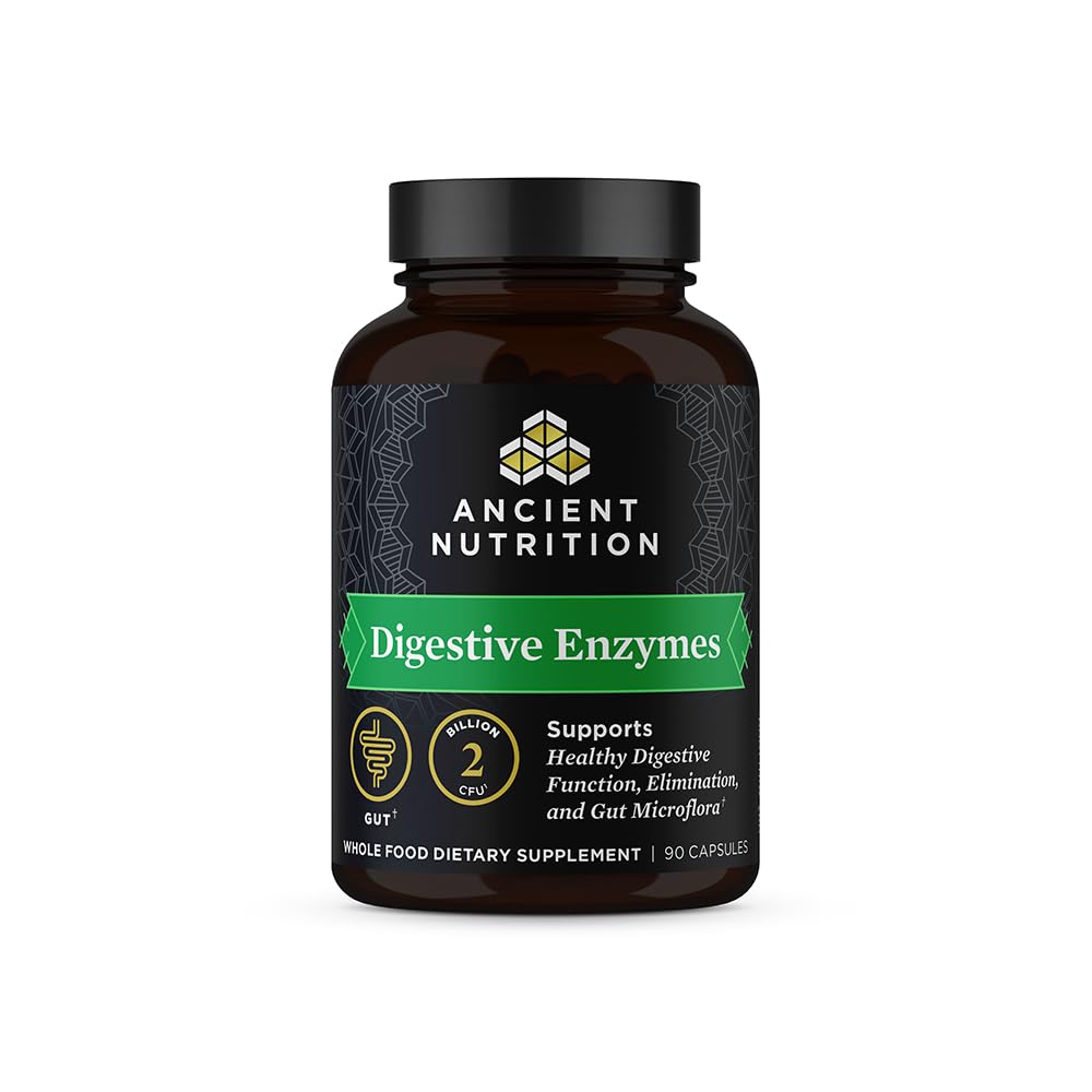 Ancient Nutrition Enzimas Digestivas: bote visible para apoyar la digestión de comidas grandes.