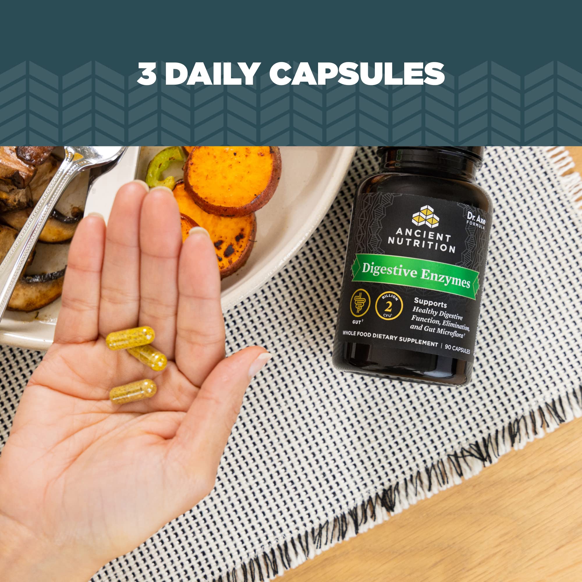 Ancient Nutrition Enzimas Digestivas: toma con comidas para apoyar la descomposición de nutrientes.