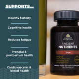 Etiqueta frontal de Ancient Nutrition Hierro, destacando ingredientes