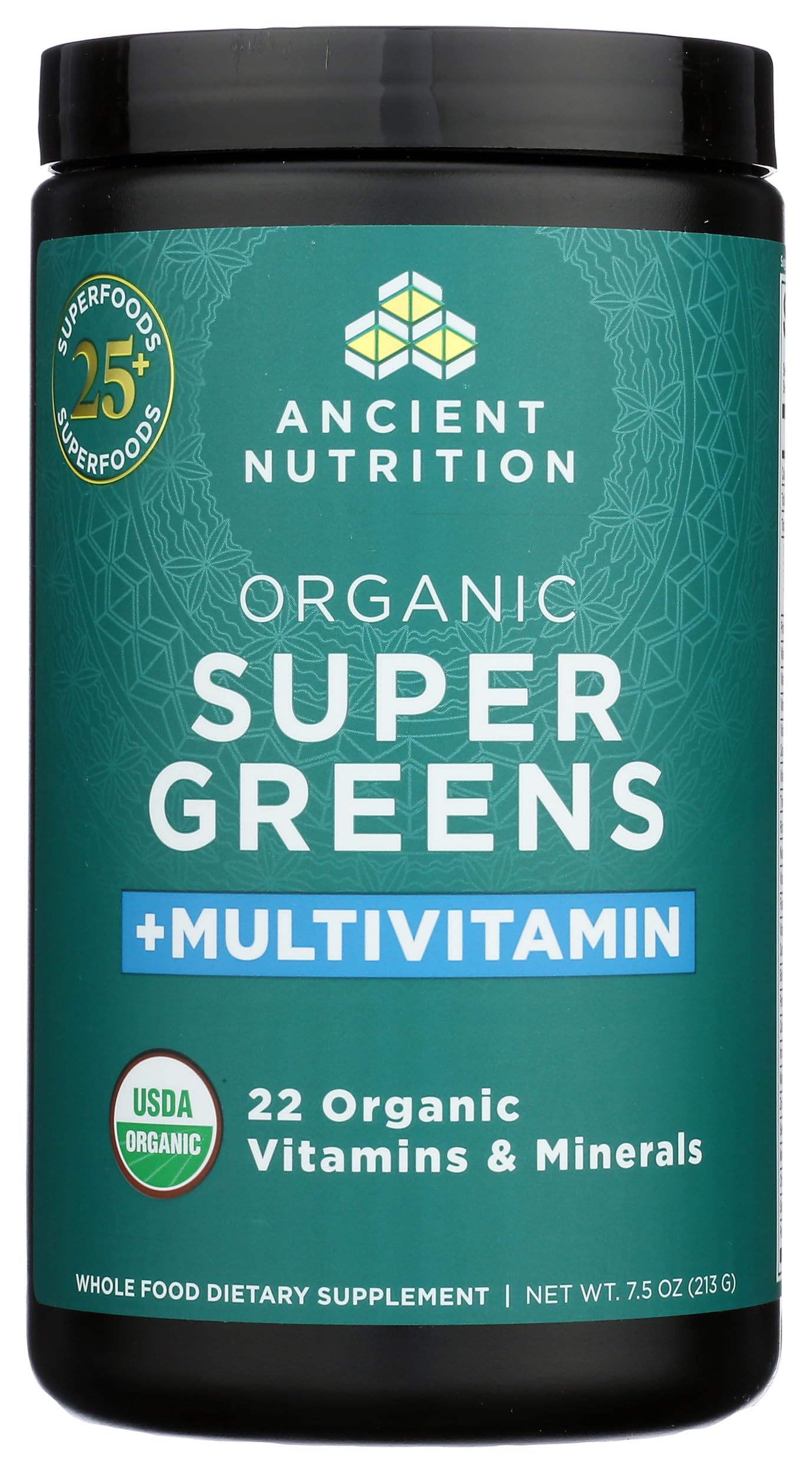 Ancient Nutrition: etiqueta orgánica de verdes para calidad y transparencia.