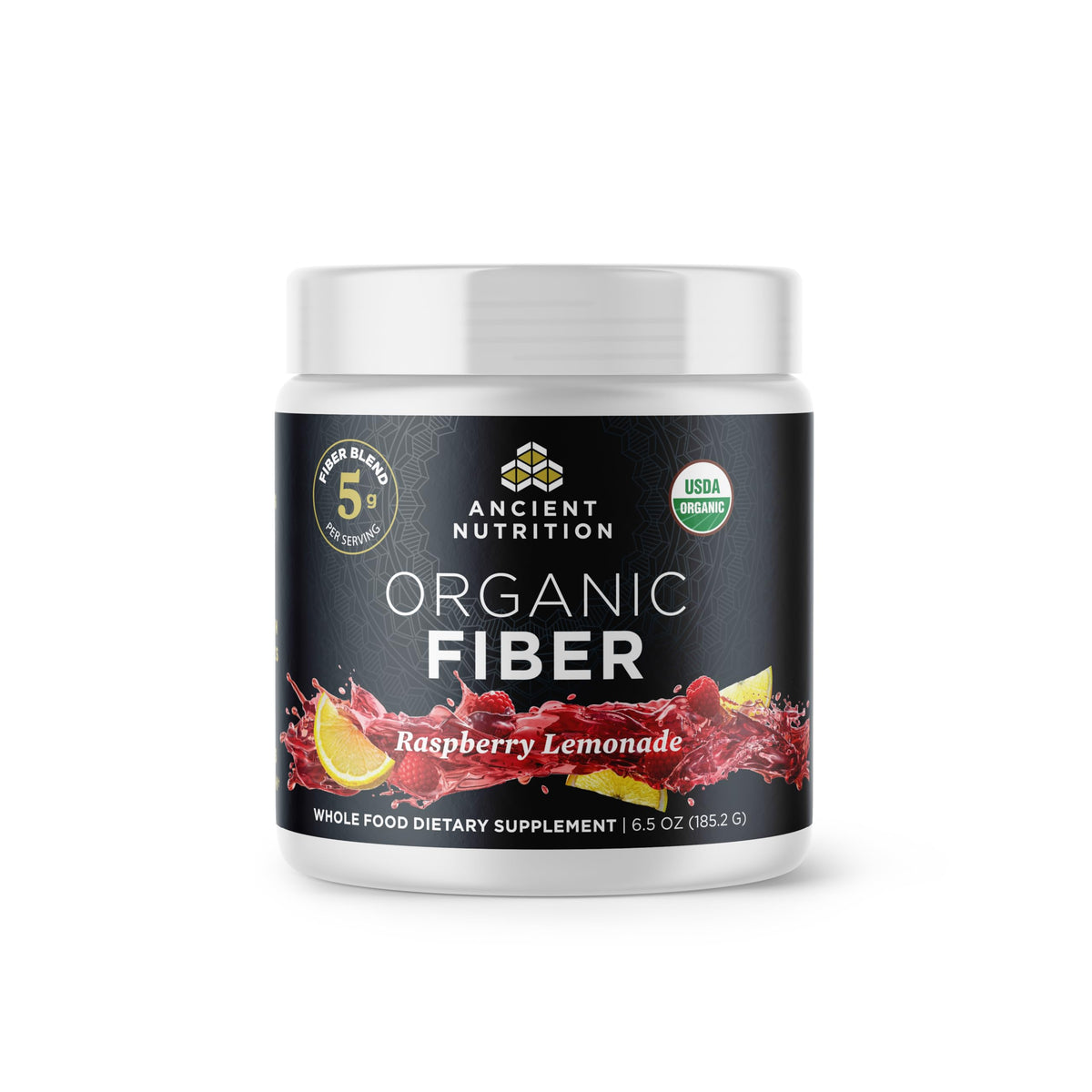 Ancient Nutrition Fibra Orgánica frasco con frambuesa-limonada, apoyo digestivo suave.