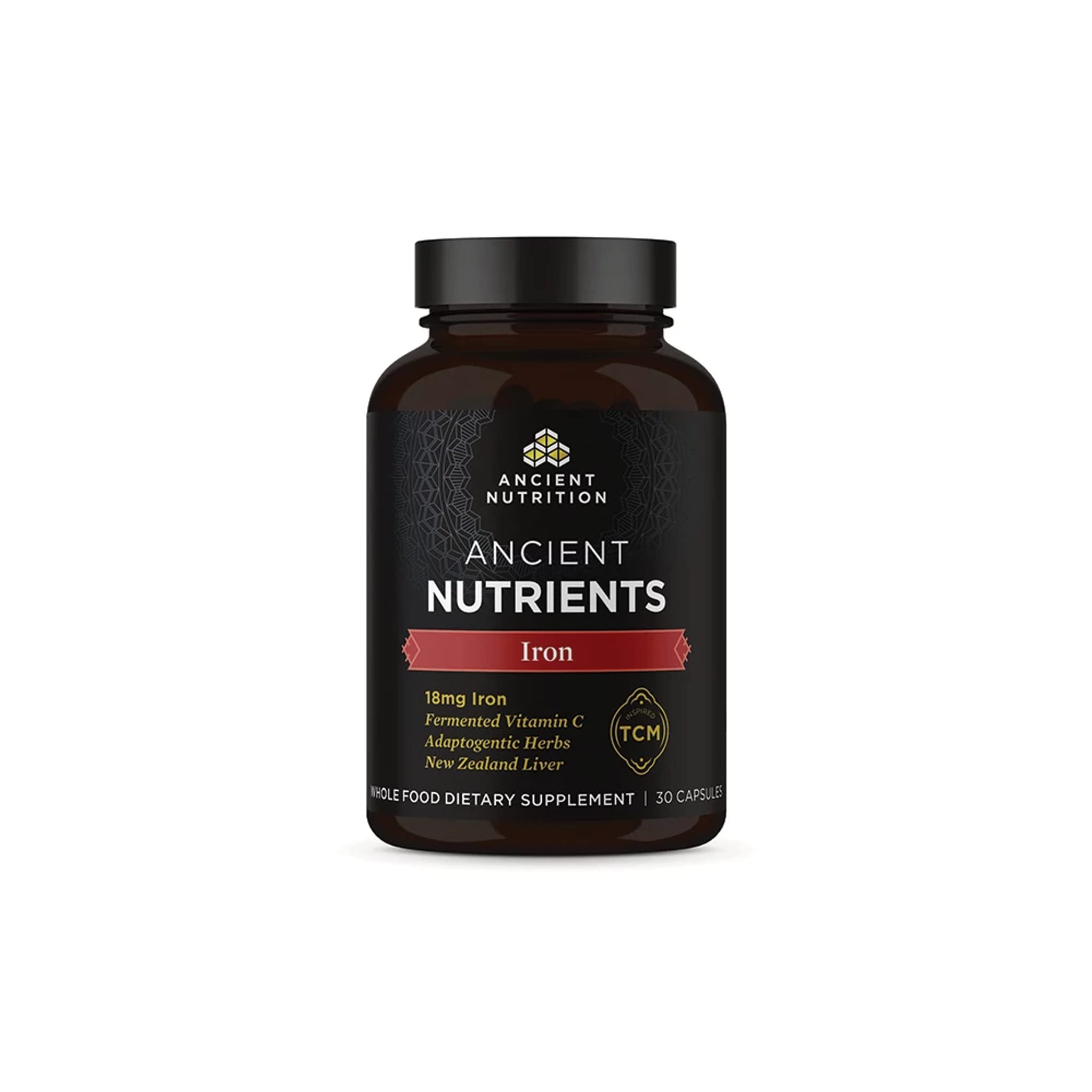Botella de Ancient Nutrition Hierro 30 cápsulas, fácil de tragar