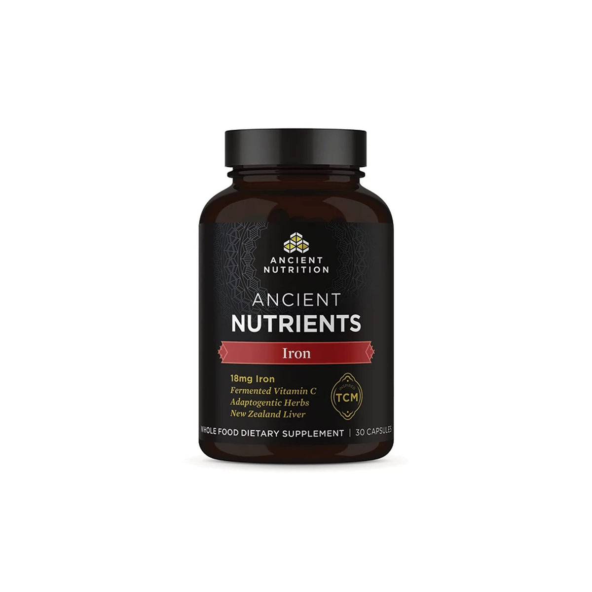 Botella de Ancient Nutrition Hierro 30 cápsulas, fácil de tragar