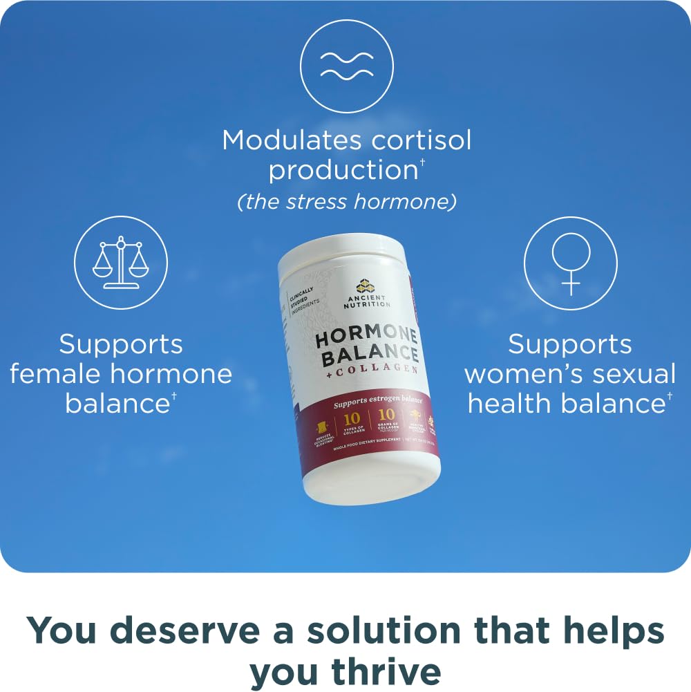 Ancient Nutrition Hormone Balance en polvo listo para medir, ideal para batidos.