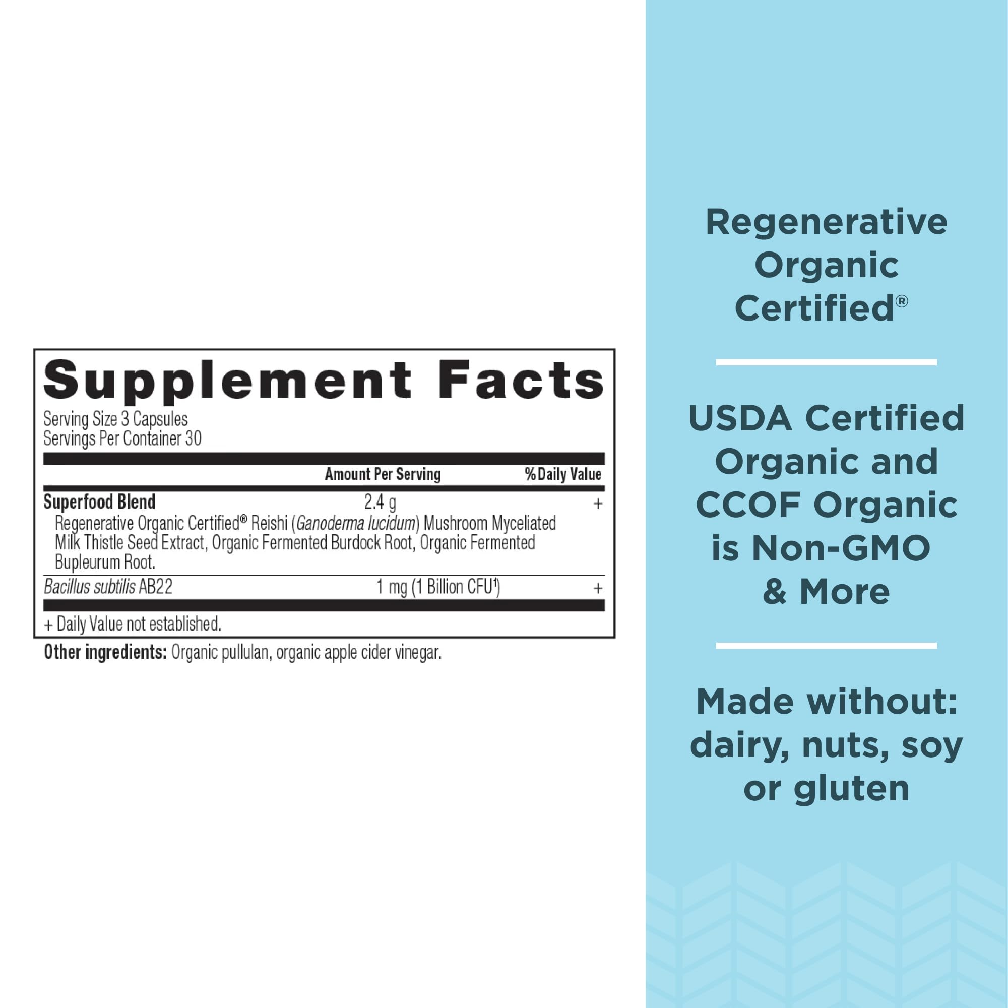 Ancient Nutrition Liver Cleanse etiqueta trasera con certificaciones y uso sugerido