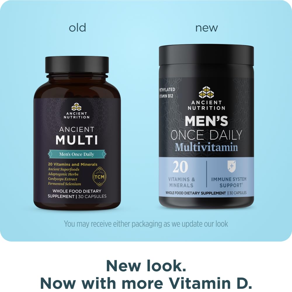 Ancient Nutrition Men Multi, etiqueta trasera, información de vitaminas esenciales para hombres.