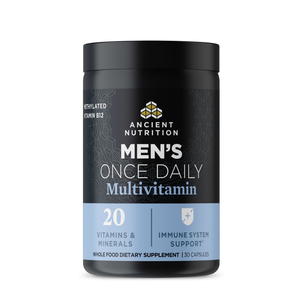 Ancient Nutrition Men Multi, botella frontal, apoya la energía diaria y la salud masculina.