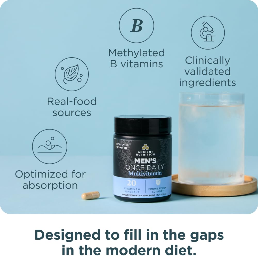 Ancient Nutrition Men Multi, etiqueta detallada, zinc y selenio para apoyo general.
