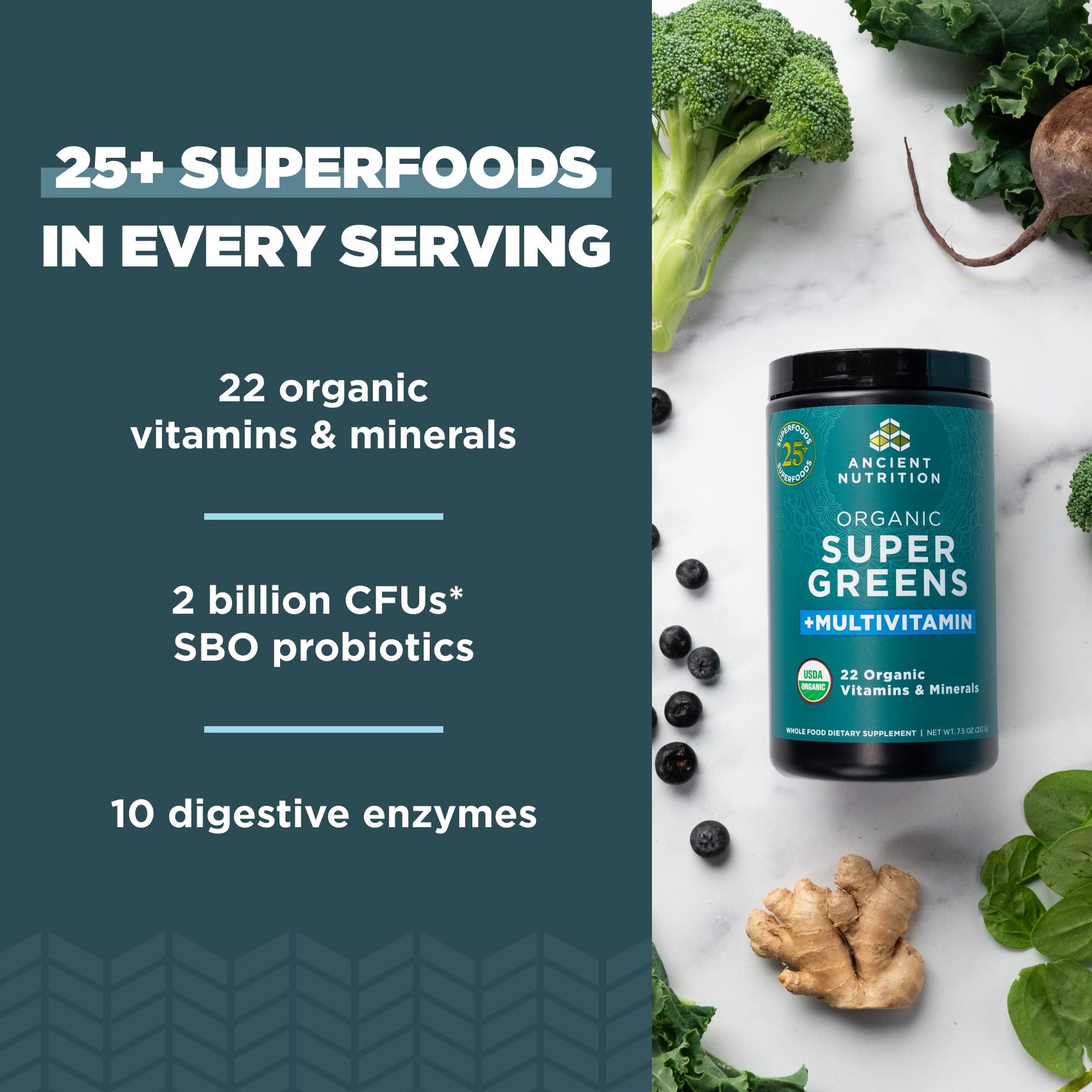 Ancient Nutrition: mezcla verde para incorporar verduras en la dieta.