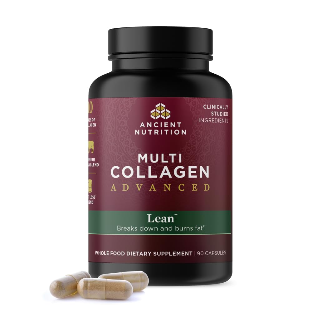 Frasco de Ancient Nutrition Multi Colágeno Avanzado Esbelto con probióticos para uso diario.
