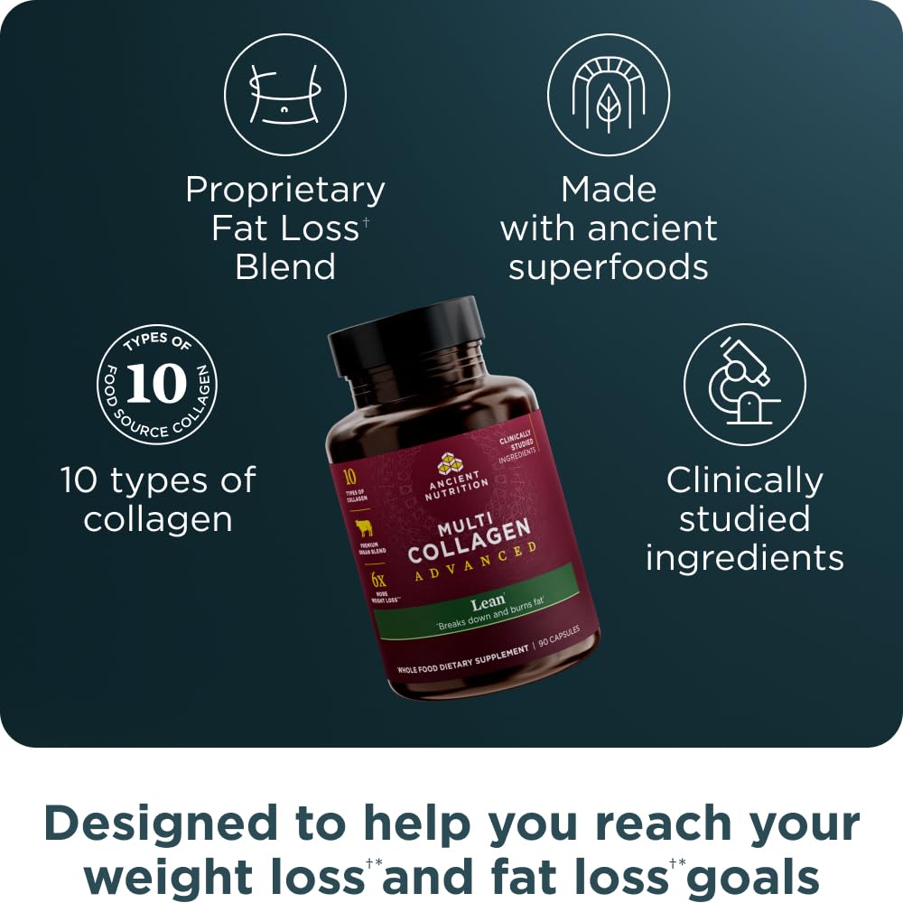 Cápsulas de Ancient Nutrition Multi Colágeno Avanzado Esbelto, formato práctico para consumo diario.
