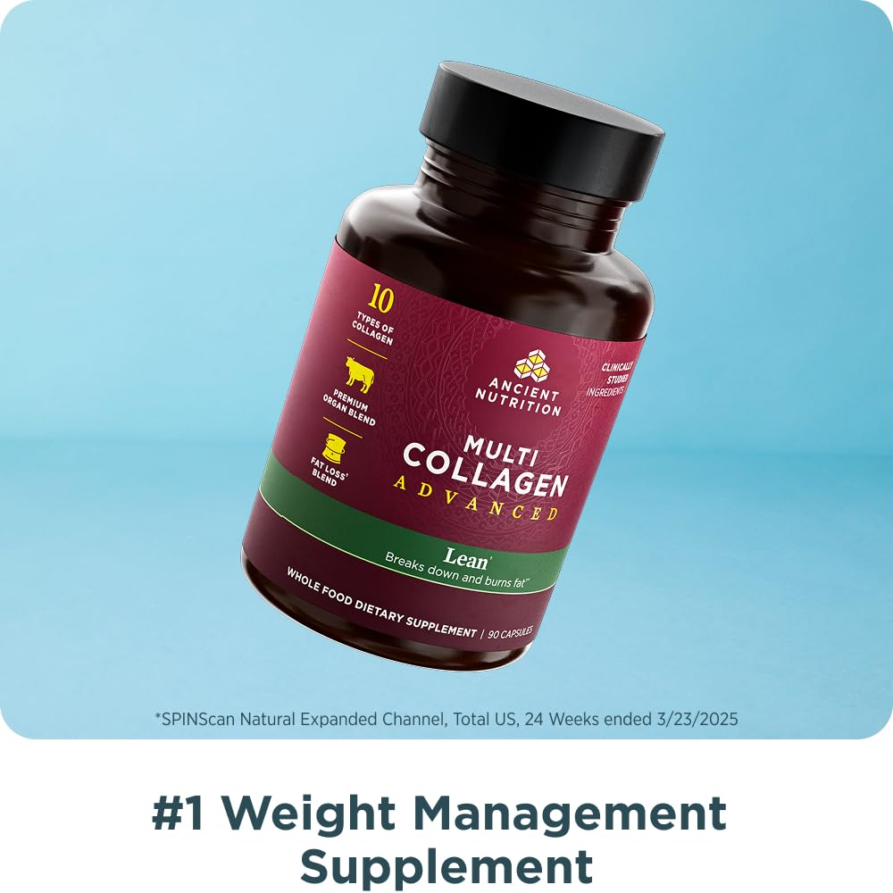 Etiqueta del producto Ancient Nutrition Multi Colágeno Avanzado Esbelto, muestra la mezcla de colágenos.