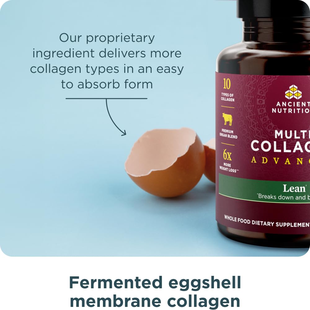 Lista de ingredientes de Ancient Nutrition Avanzado Esbelto con fuentes de colágeno diversas.