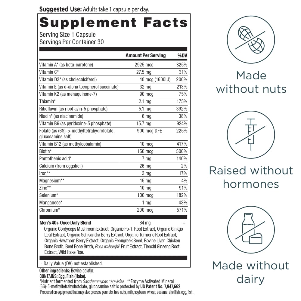 Cápsulas beige de Ancient Nutrition Multivitamin 40+, cómoda toma diaria.