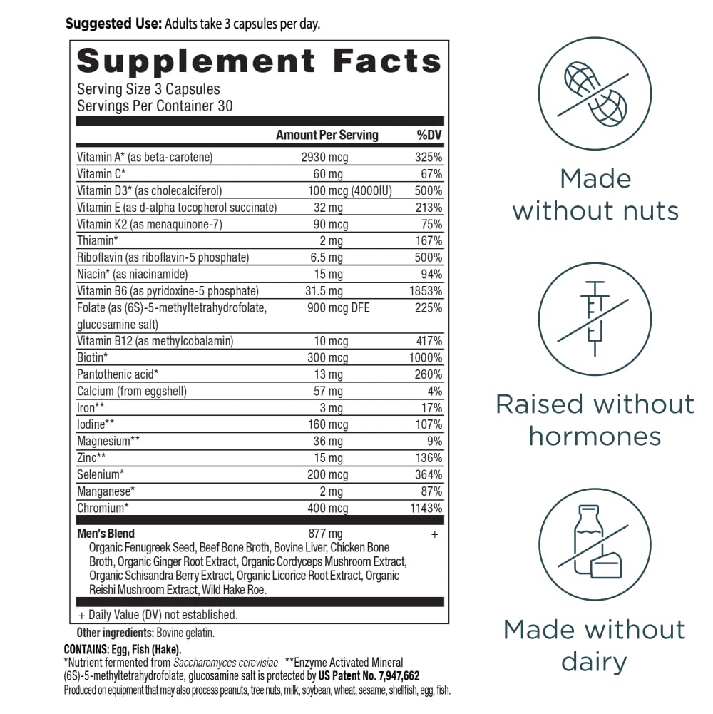 Ancient Nutrition multivitamínico para hombres: ingredientes clave como vitaminas, zinc y hierbas tradicionales.