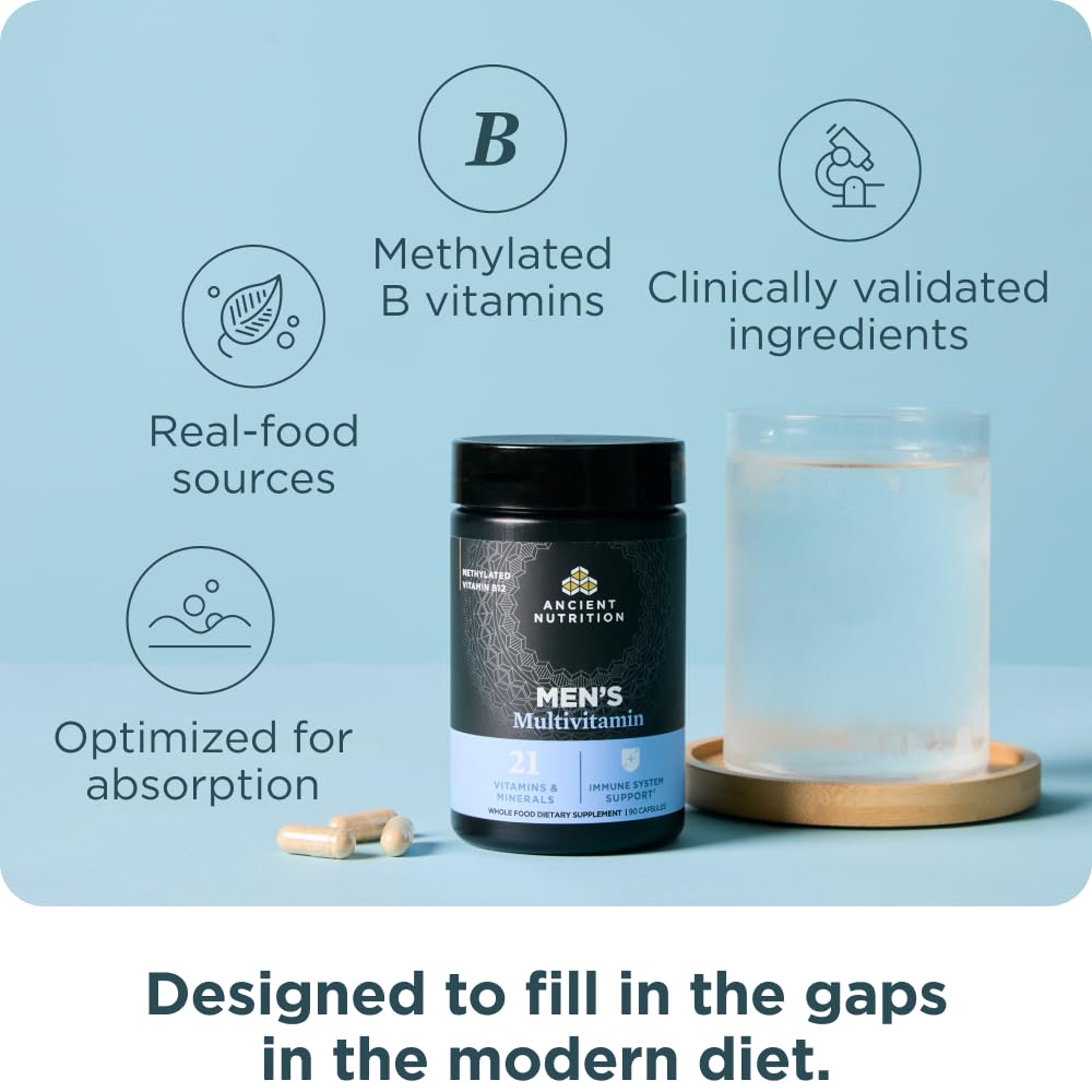 Ancient Nutrition multivitamínico para hombres: uso diario con tres cápsulas para energía.