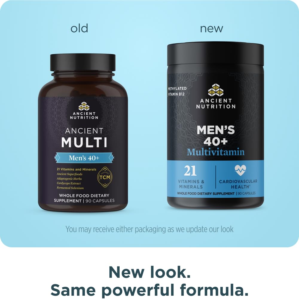 Etiqueta del Ancient Nutrition Multivitamin para Hombres 40+, información clara.