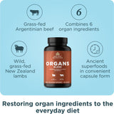 Ancient Nutrition Organos: cápsulas en mano muestran facilidad de consumo para hígado, corazón y riñones.