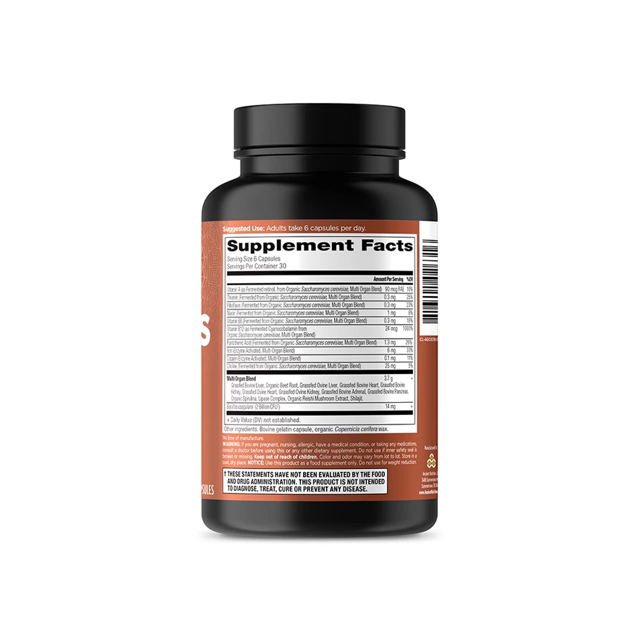 Ancient Nutrition Organos: ingredientes clave visibles para apoyar la salud de órganos y vitalidad.