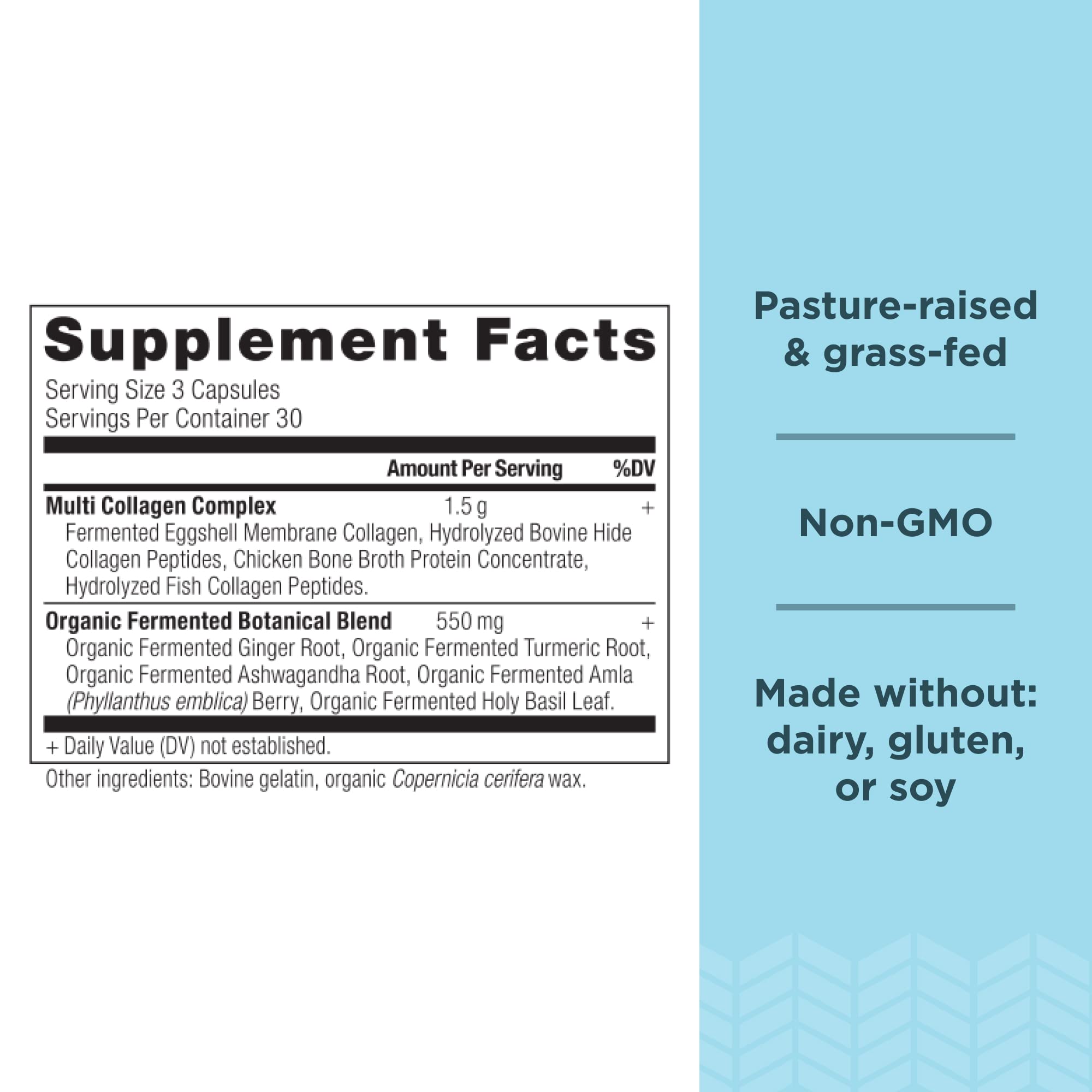 Etiqueta de Ancient Nutrition con colágeno en cápsulas, origen seguro