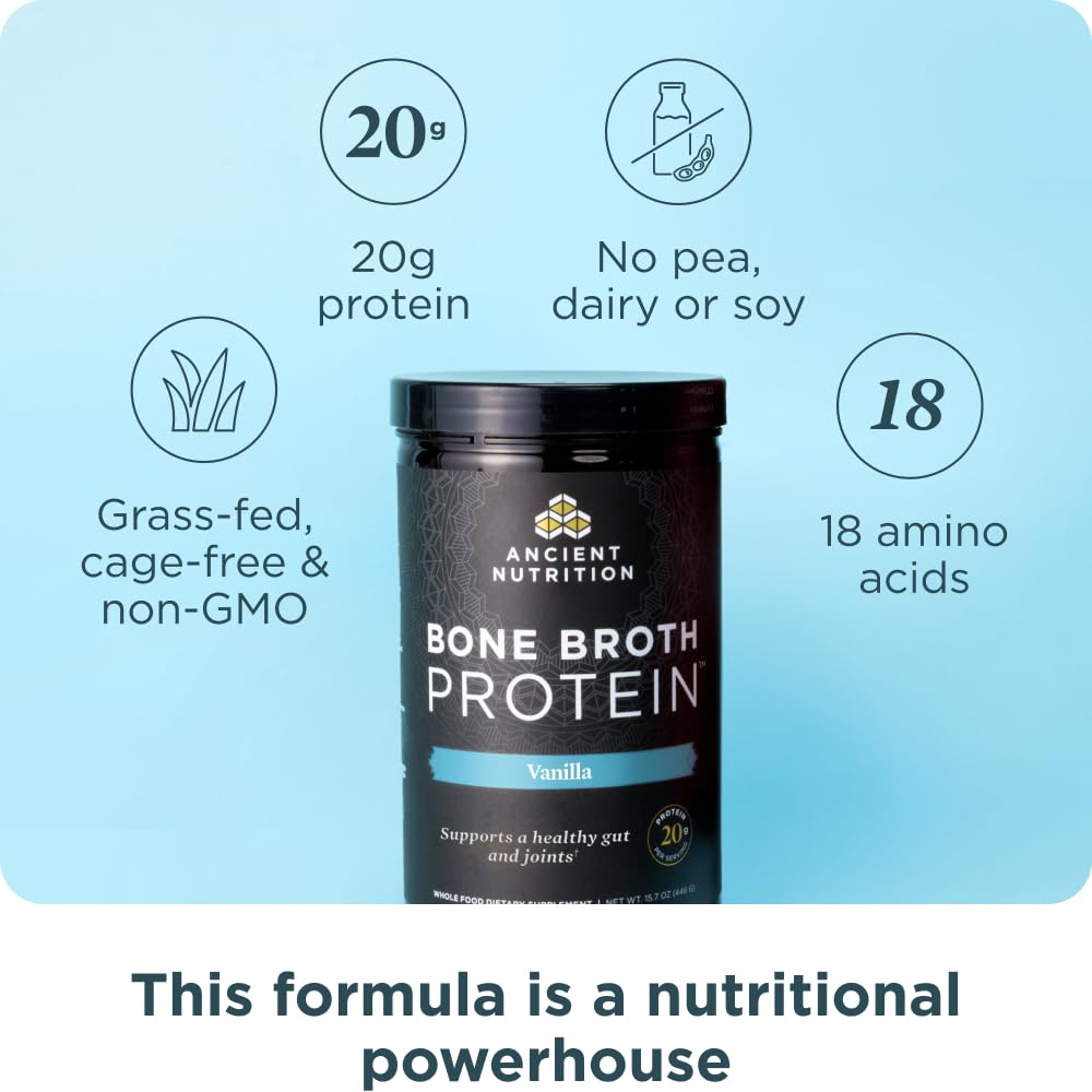 Ancient Nutrition polvo-caldo-huesos-res-pastor; base nutritiva para comidas rápidas.