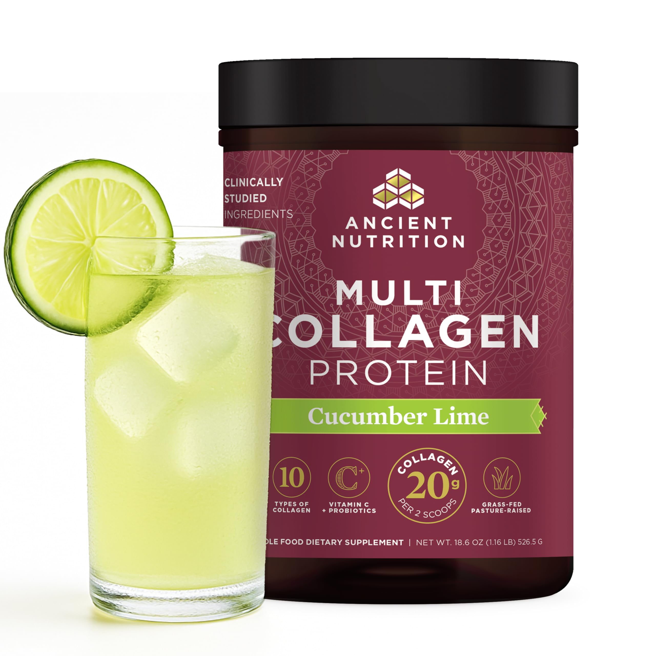 Ancient Nutrition Colágeno Multi Pepino Lima, envase visible para la rutina diaria.