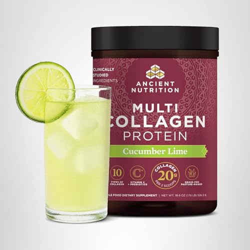 Ancient Nutrition Colágeno Multi Pepino Lima, sabor agradable para uso diario.
