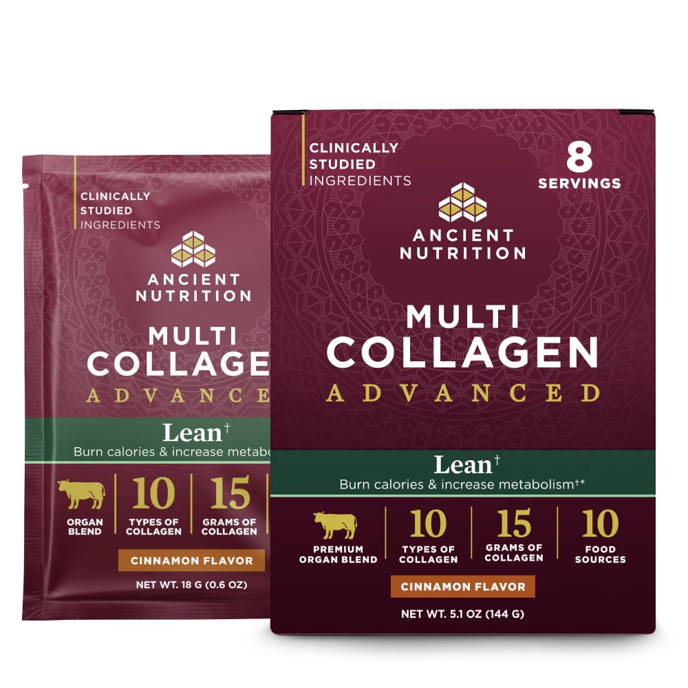 Ancient Nutrition polvos de colágeno con péptidos y canela, ideal para batidos.