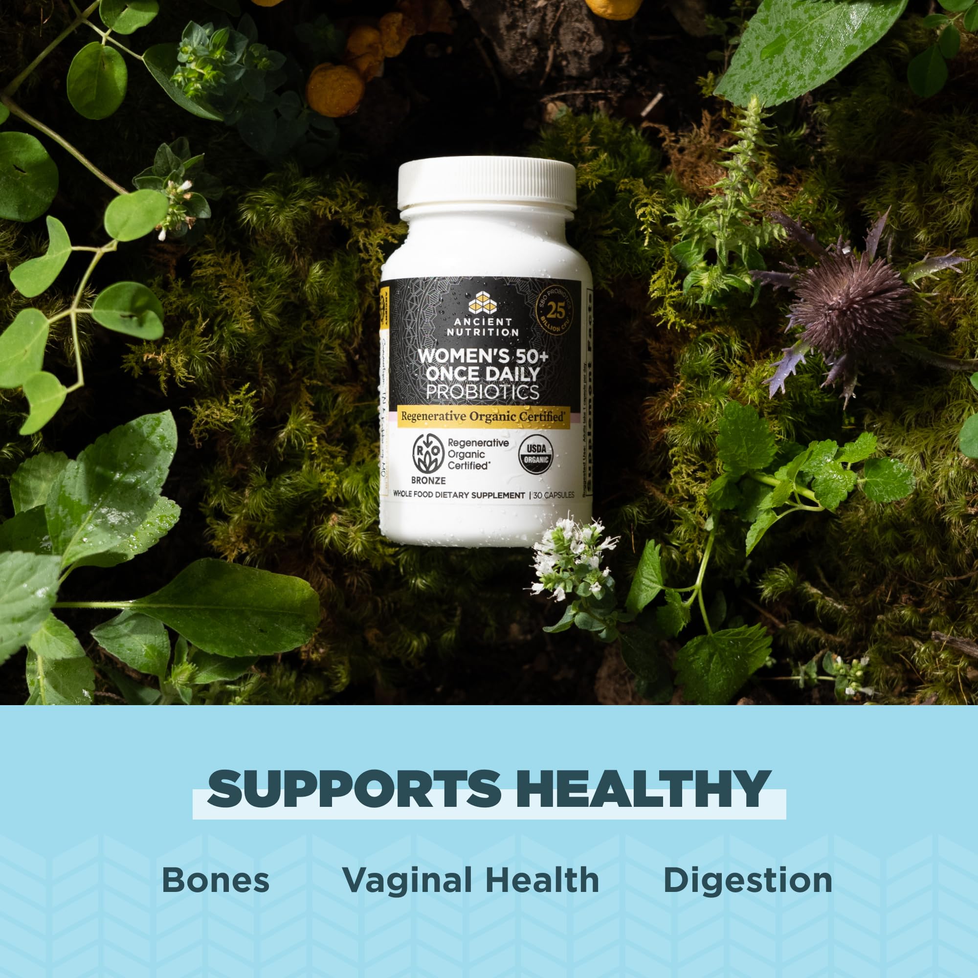 Ancient Nutrition Probióticos Mujer 50+ etiqueta frontal, certificado orgánico regenerativo.