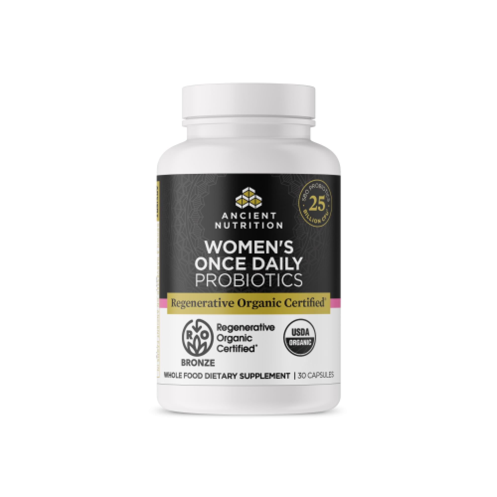 Ancient Nutrition Probioticos Mujeres: botella de cápsulas para apoyo digestivo diario.