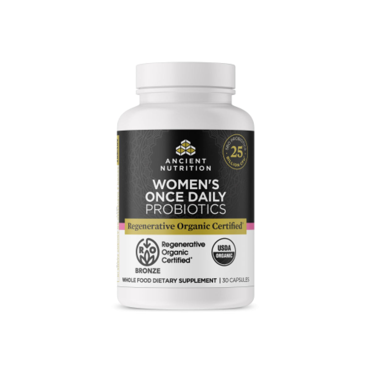 Ancient Nutrition Probioticos Mujeres: botella de cápsulas para apoyo digestivo diario.