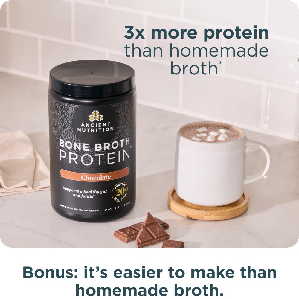 Etiqueta de Ancient Nutrition sin gluten para la Proteína de Caldo de Hueso Chocolate.