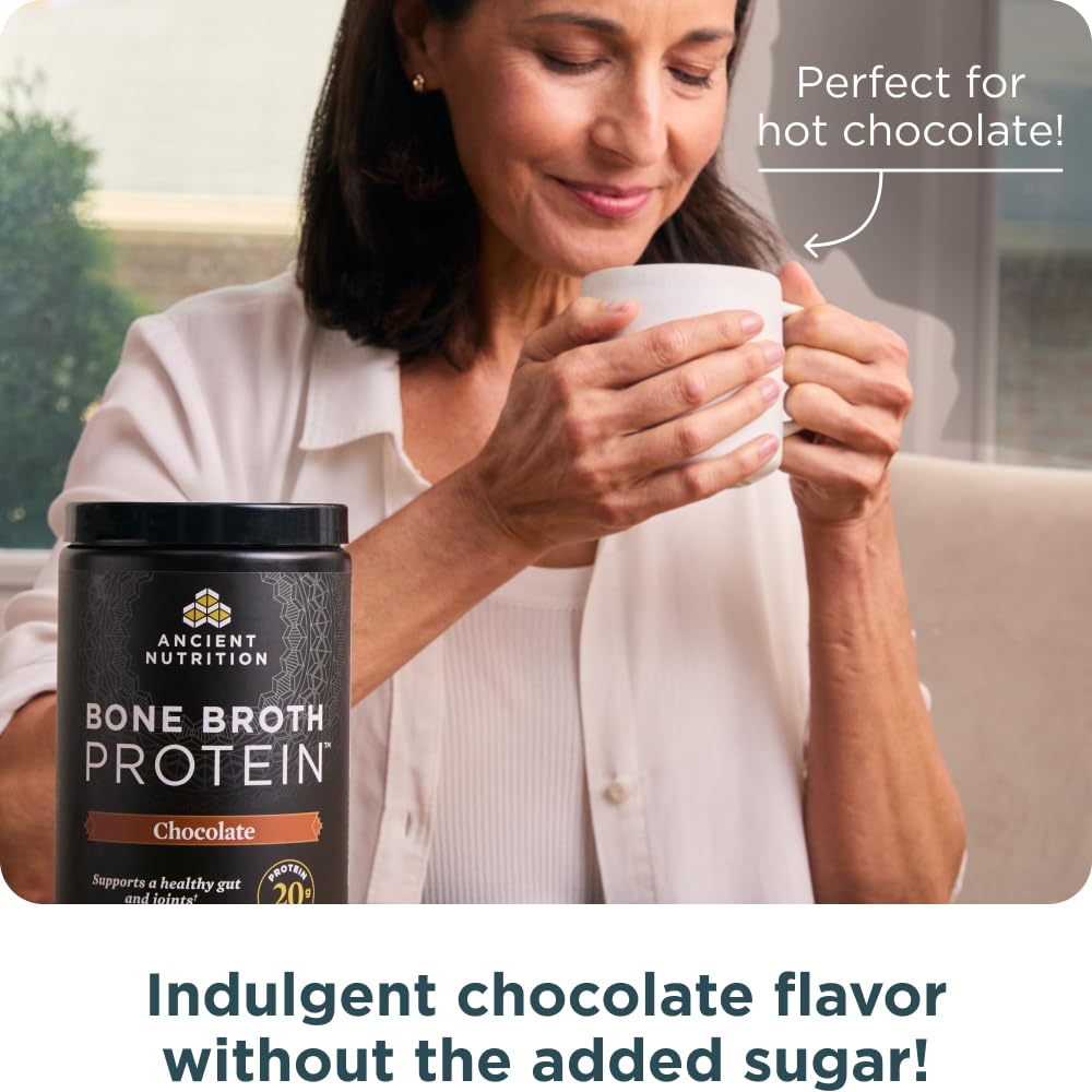 Ancient Nutrition Proteína de Caldo de Hueso Chocolate con nutrientes clave como colágeno.