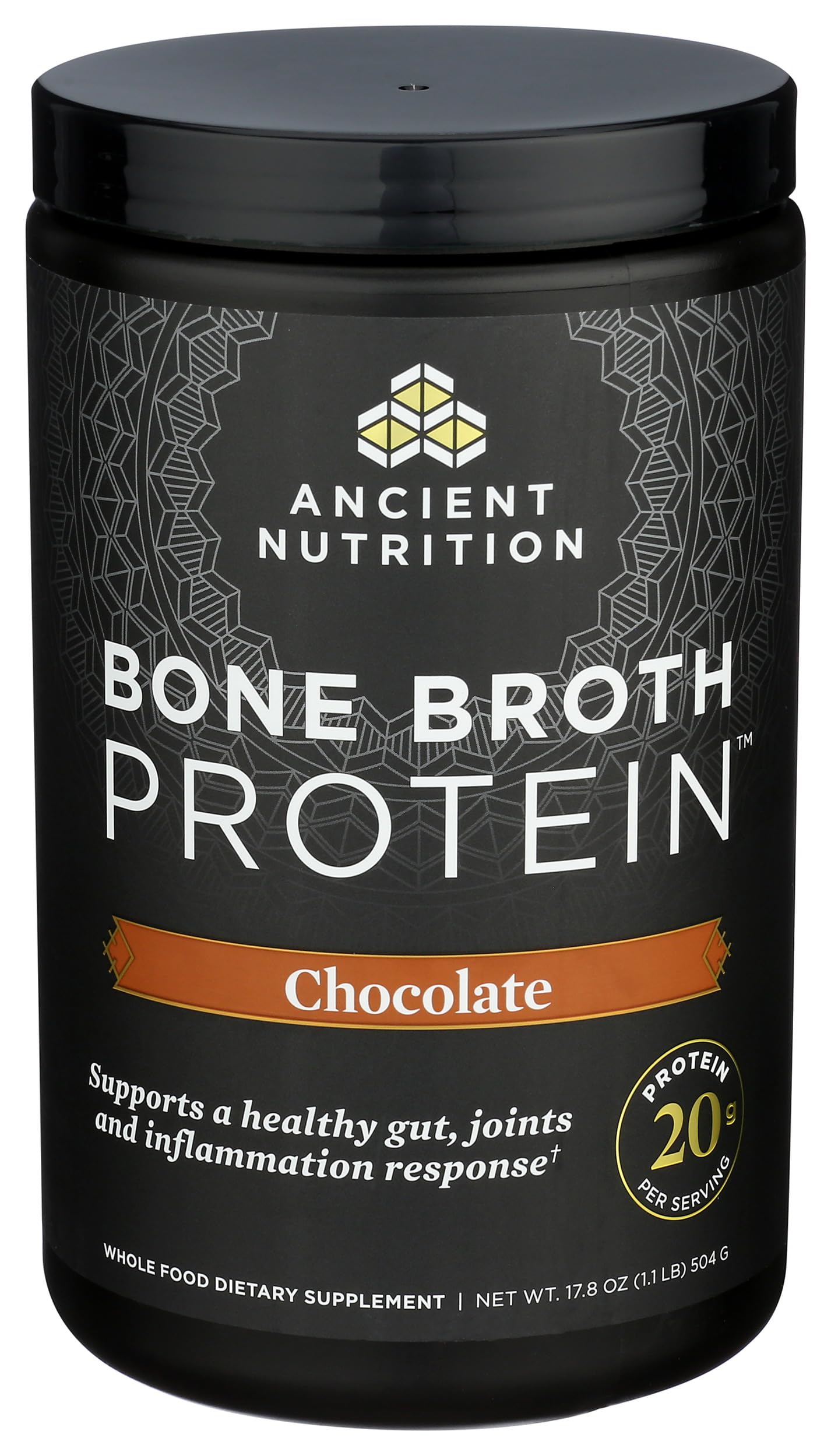 Ancient NutritionProteína de Caldo de Hueso Chocolate con cucharita medidora para uso fácil.