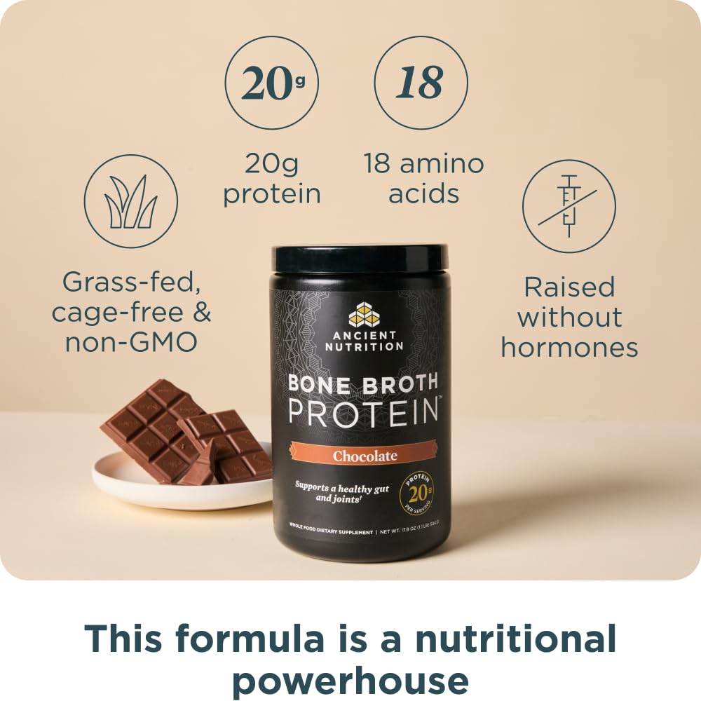 Ancient Nutrition Proteína de Caldo de Hueso Chocolate lista para mezclar en batidos cremosos.