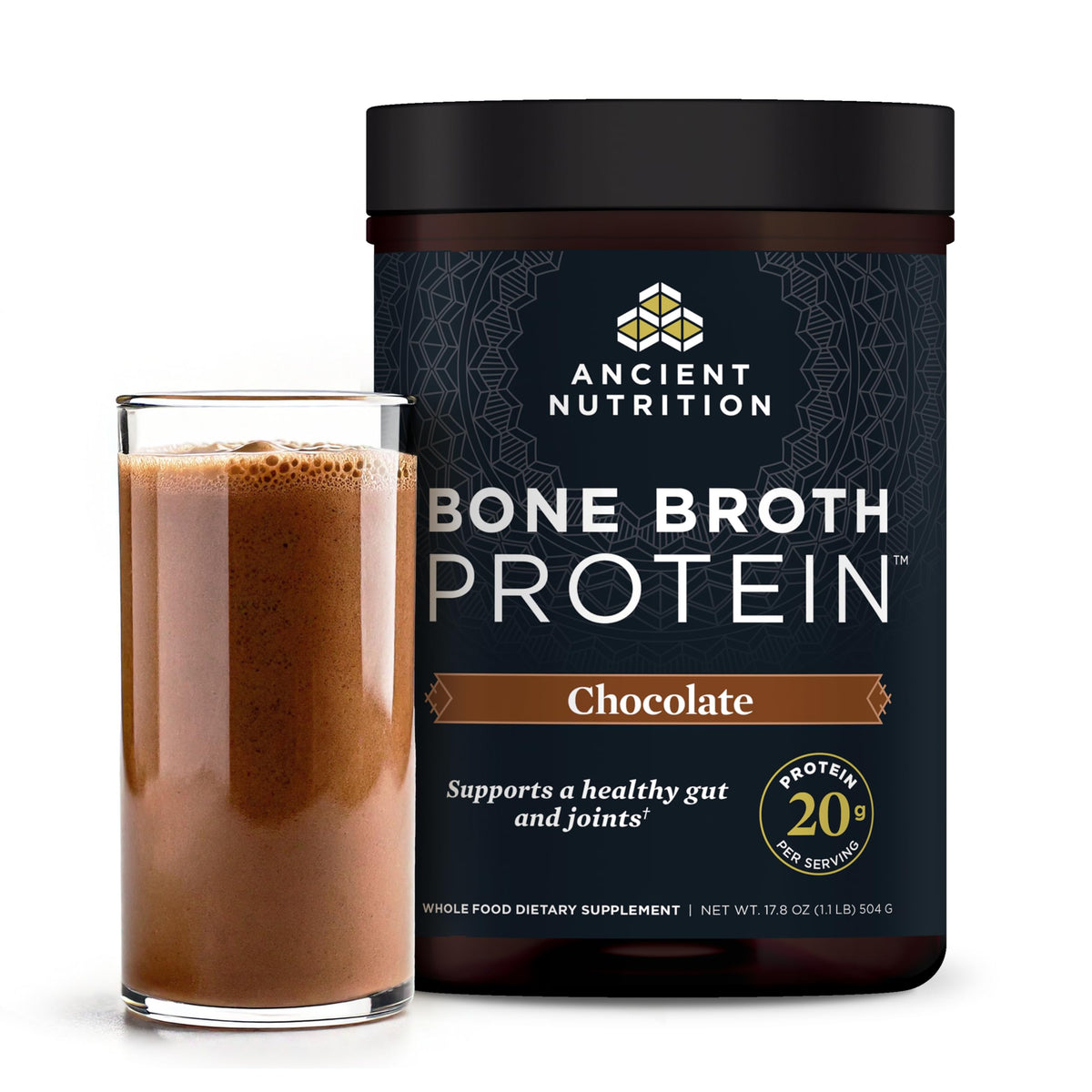 Ancient Nutrition Proteína de Caldo de Hueso Chocolate en tubo, ideal para batidos.