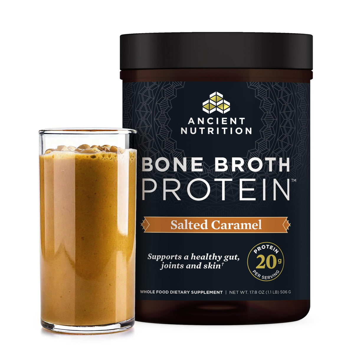 Ancient Nutrition Proteína de Caldo de Hueso sabor caramelo salado en vaso para una bebida sabrosa