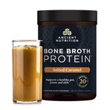 Ancient Nutrition Proteína de Caldo de Hueso sabor caramelo salado en vaso para una bebida sabrosa