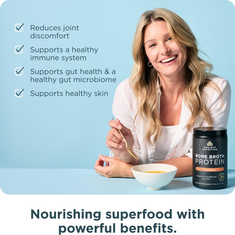 Ancient Nutrition proteina caldo hueso, sabor cúrcuma en taza