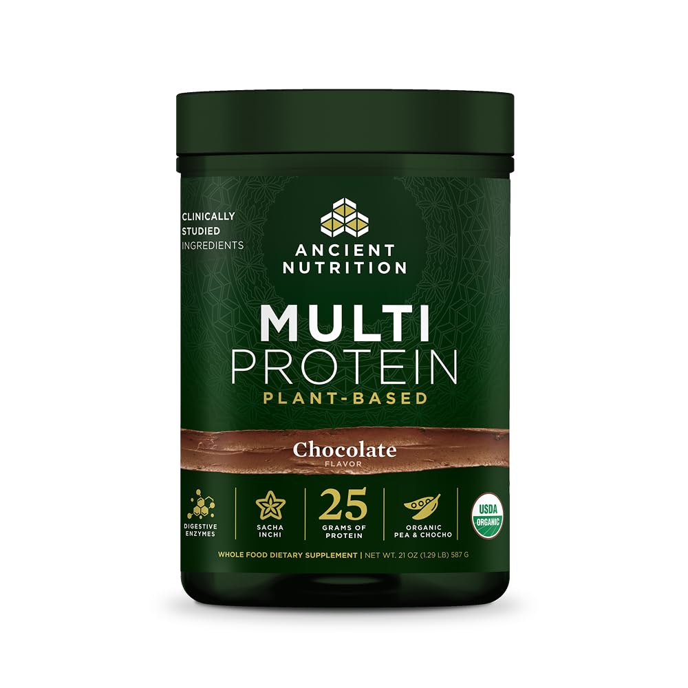 Ancient Nutrition Proteína Multi-Planta Chocolate: bote con 25 g de proteína para músculo y nutrición diaria.