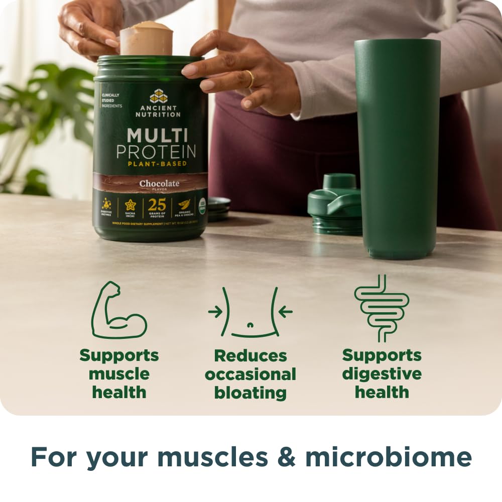 Polvo de Proteína Multi-Planta Chocolate en recipiente, mezcla suave para entrenamiento.