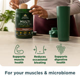 Polvo de Proteína Multi-Planta Chocolate en recipiente, mezcla suave para entrenamiento.