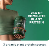 Shaker para mezclar proteína multi-planta chocolate sin soja.
