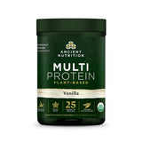 Proteína vegetal de Ancient Nutrition en envase de vainilla, ideal para batidos diarios.