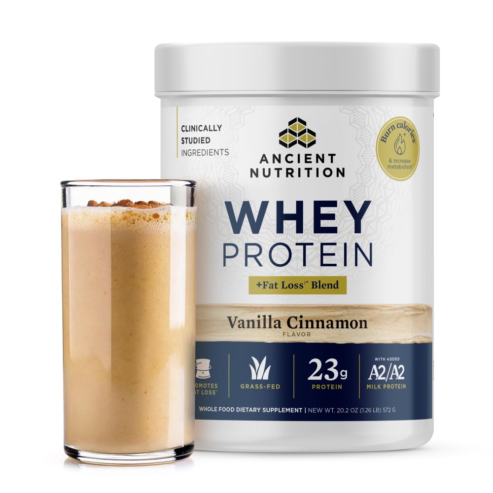Proteína Ancient Nutrition en botella, proteina de suero alimentada con pasto para batidos.
