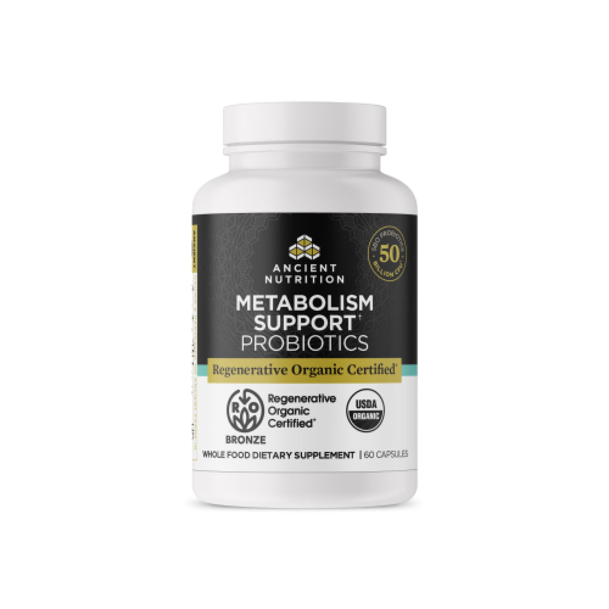 Ancient Nutrition Regenerative Organic Probiotics, botella con cápsulas para apoyar la digestión