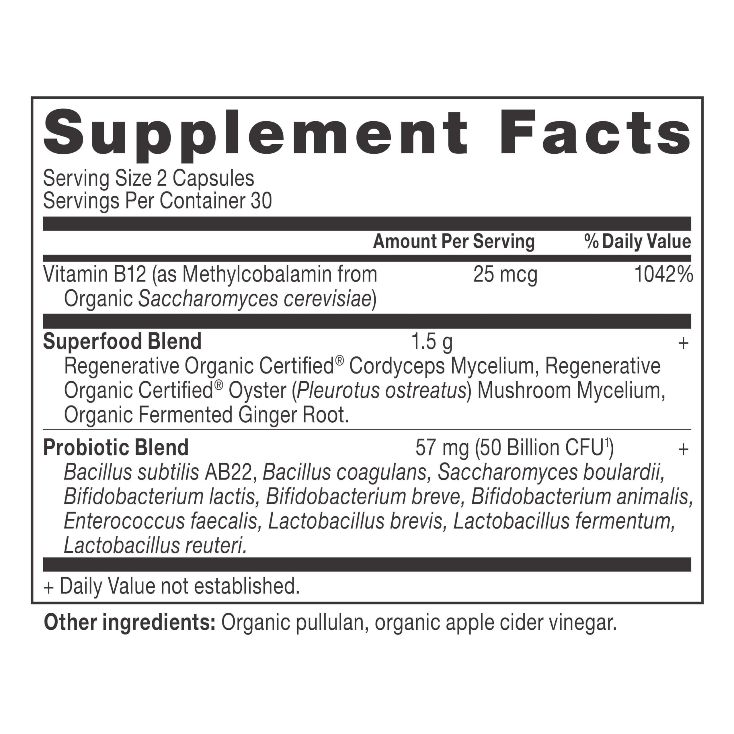 Ancient Nutrition Regenerative Organic Probiotics, etiqueta del frasco con información de cepas