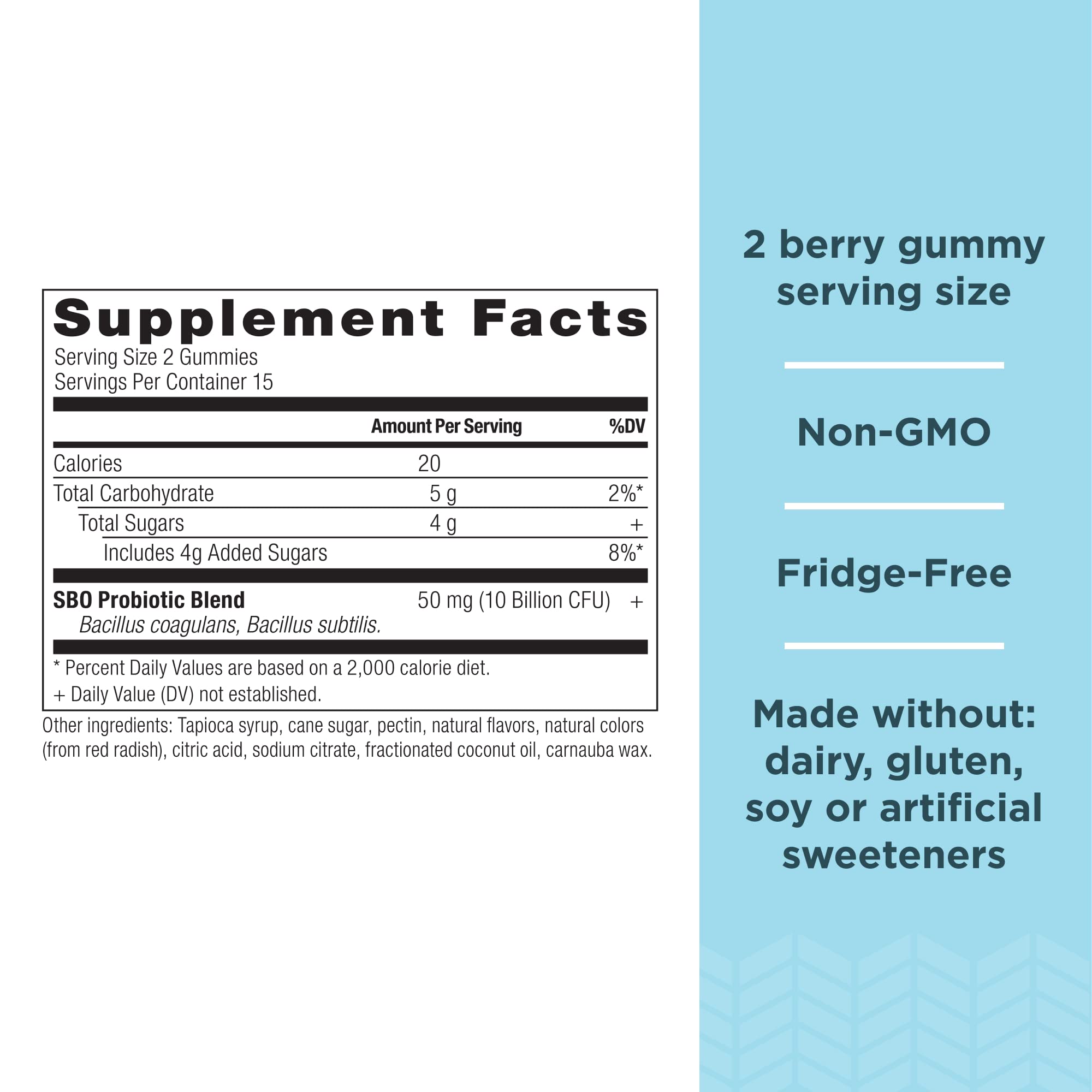 Ancient Nutrition SBO Probiotics gomitas frambuesa; etiqueta clara para revisión