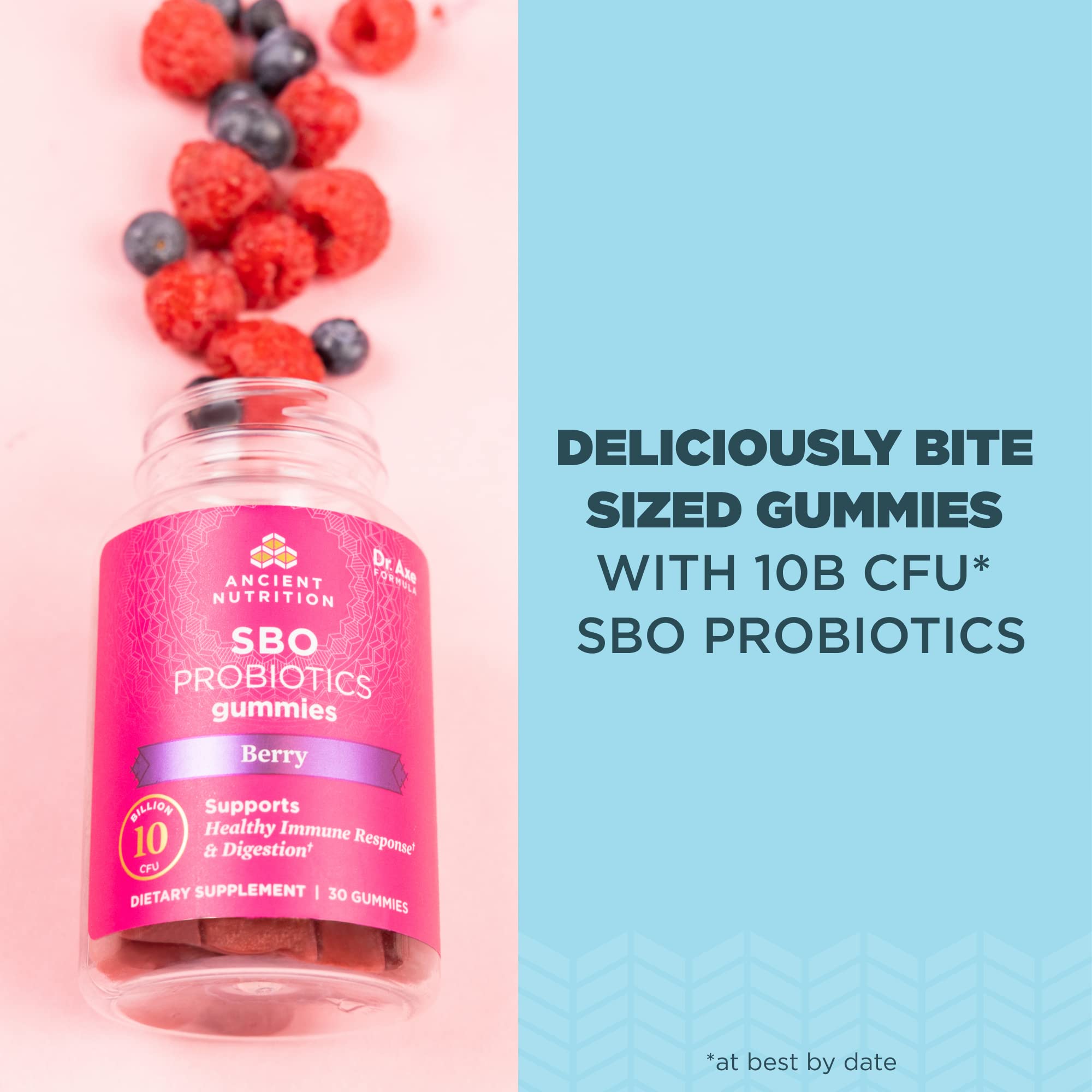 Ancient Nutrition SBO Probiotics gomitas frambuesa; textura suave para masticar